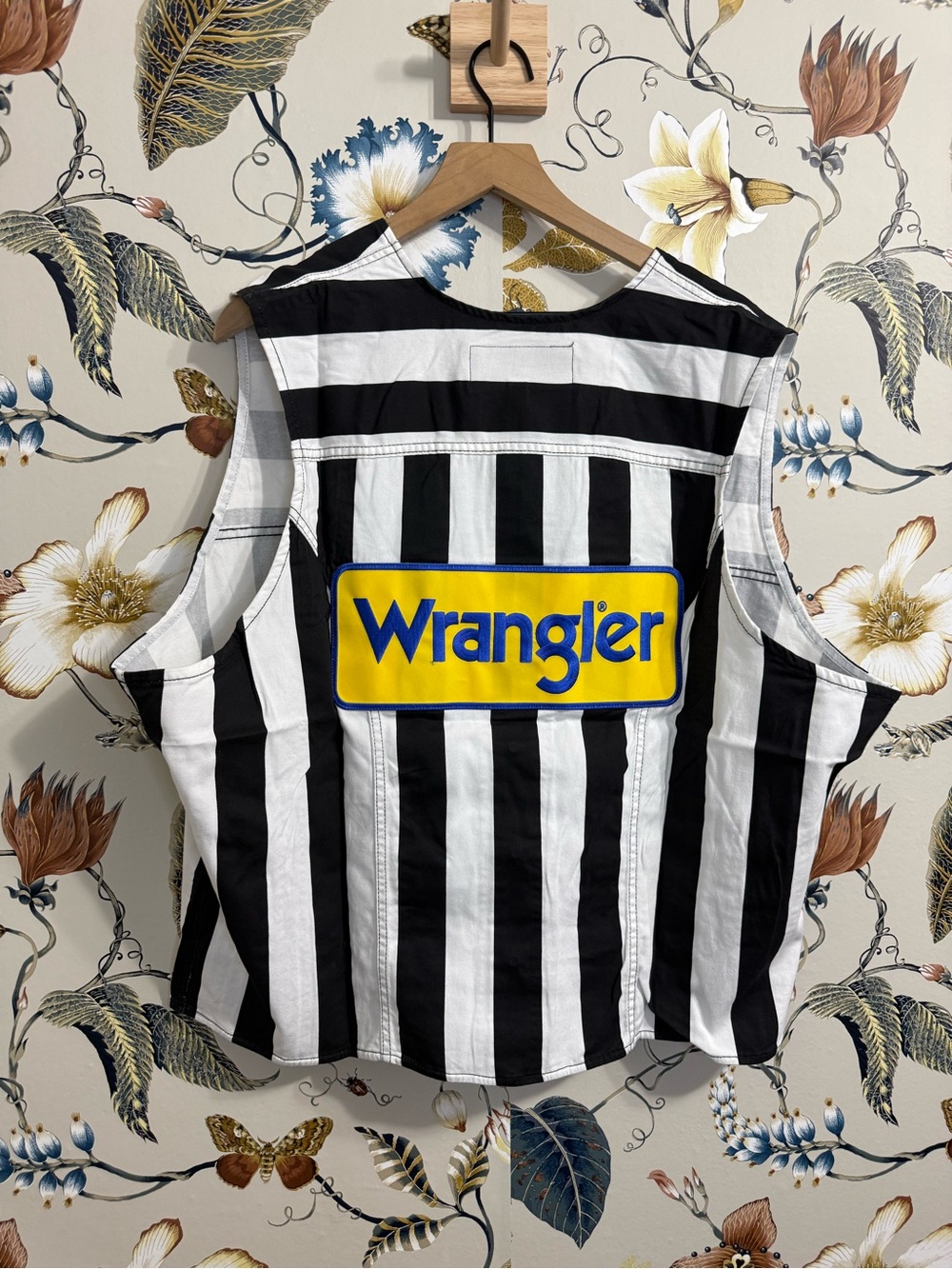 Wrangler Black and White Striped Denim Vest with Yellow Logo Patch